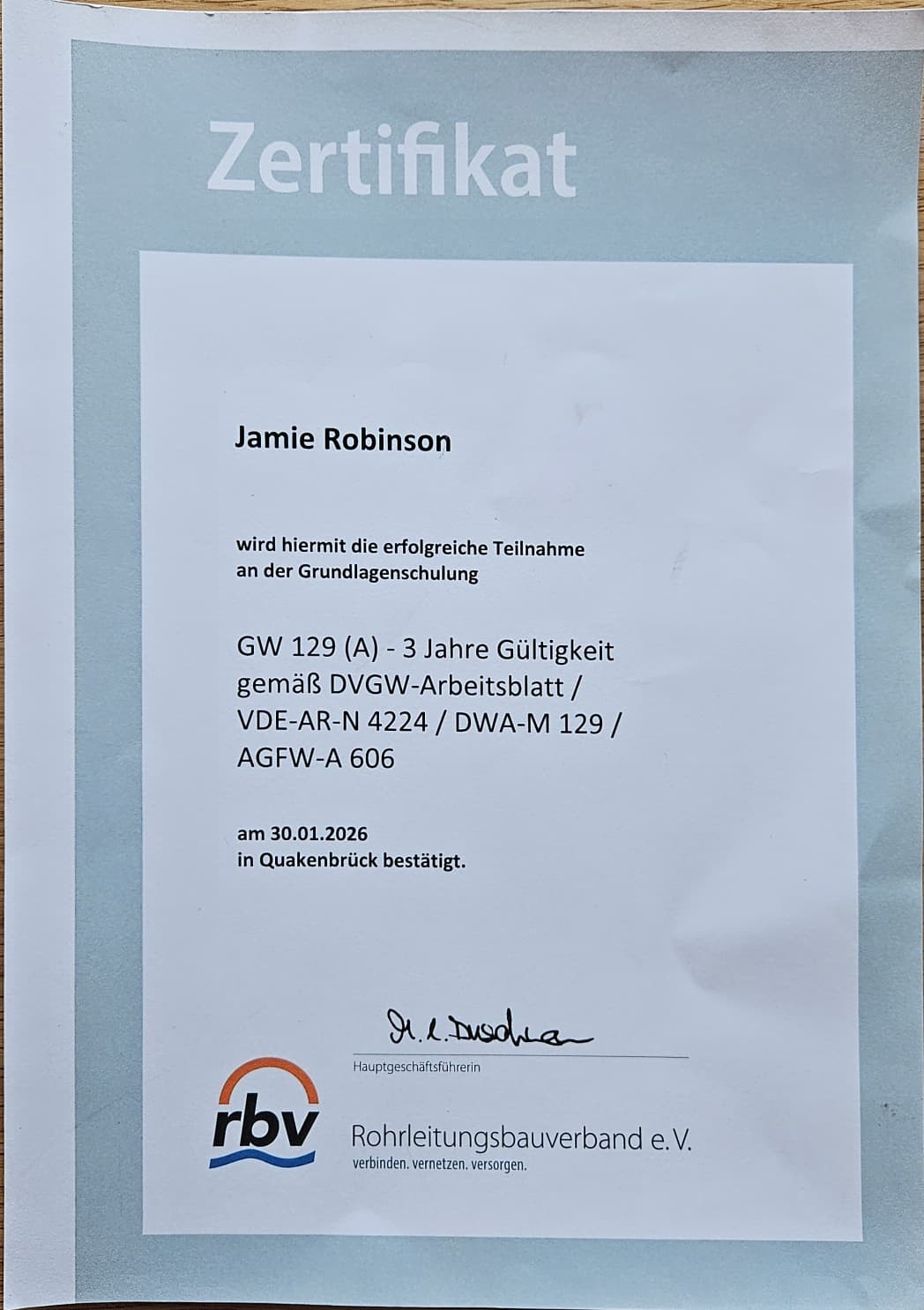 Zertifikat GW 129 — Jamie Roy Robinson